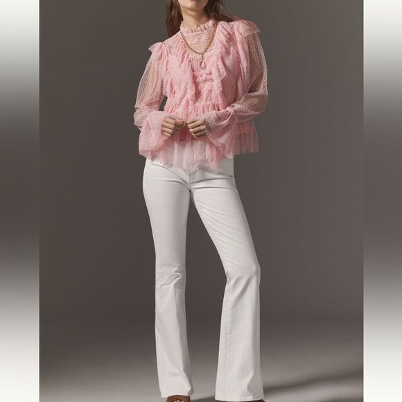 By Anthropologie Sheer Ruffle Blouse in Pink NWOT - Picture 4 of 9